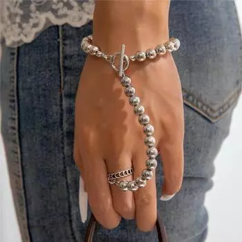 Красивый модный элегантный серебряный цветной браслет-цепочка с шариками и кольцом, женский милый браслет, великолепные ювелирные изделия