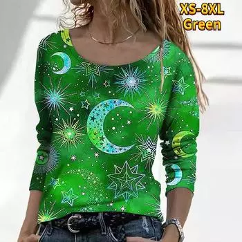 Красивый модный топ с круглым вырезом с принтом, женская стильная футболка с длинными рукавами для покупок, XS-8XL 3XL