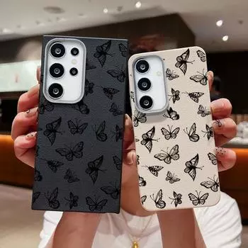 Красивый мягкий матовый чехол с принтом бабочек для Samsung S24 FE S23 Ultra S22 A16 A55 A54 A15 A35 A34 кожаная текстура противоударный тонкий чехол для телефона Samsung S24 FE чёрный