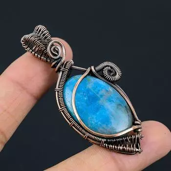 Красивый неоновый синий апатитовый драгоценный камень медная проволока оберточная подвеска ручной работы ювелирный подарок для любви 2.75 Inches неон синий