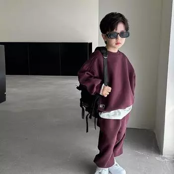 Красивый однотонный комплект для мальчиков, толстовка с длинными рукавами и круглым вырезом + длинные брюки, комплект из двух предметов 150