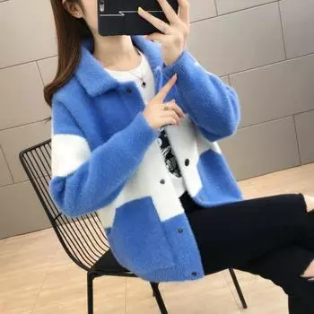 Красивый осенний женский модный и универсальный короткий вязаный кардиган для женщин в осеннем свитере XL синий