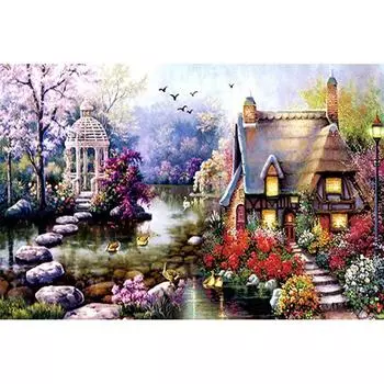 Красивый пейзаж DIY Полная дрель Алмазная картина Круглая для украшения дома Прибытие Дом мечты 20X30CM