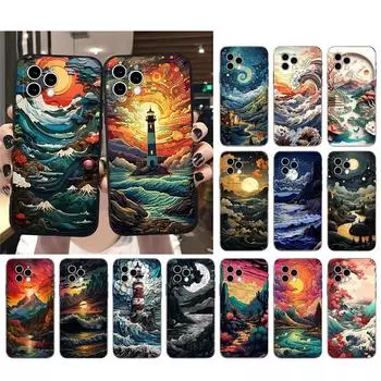 Красивый пейзажный чехол Moon Wave Art для iPhone 15 14 Pro Max 13 12 11 Pro Max XSMax XR 12 13 mini 14 Plus iphone 14Pro