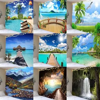 Красивый пляж, пещера, водопад, пейзаж, принт, гобелен с узором, домашний декор для гостиной, спальни, тканевый гобелен 100x75cm