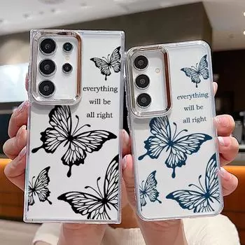 Красивый прозрачный чехол с рисунком бабочки для Samsung S24 FE S23 S22 Ultra A55 A54 A35 A34 A14, защита объектива, противоударный мягкий прозрачный чехол для телефона Samsung S24 чёрный