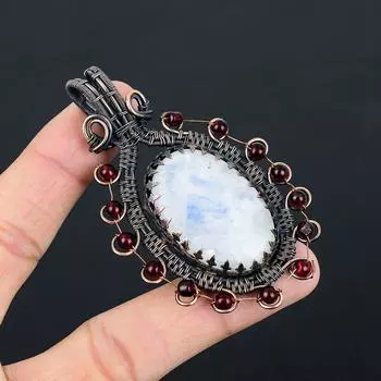 Красивый Радужный Лунный Камень Драгоценный Камень Чистая Медная Проволока Обернутый Подвеска Ручной Работы Ювелирные Изделия 2.95 Inches белый