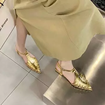 Красивый! Ретро римские плетеные сандалии с полой головкой-мешком женские летние новые французские темпераментные туфли с острым носком на толстом каблуке 35 золотой