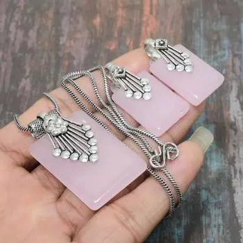 Красивый розовый халцедон из стерлингового серебра 925 пробы, ожерелье ручной работы + серьги, комплект ювелирных изделий розовый