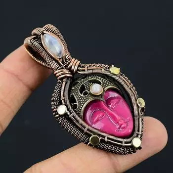 Красивый розовый резной кость лицо драгоценный камень медная проволока обертывание кулон ювелирный подарок для любви 2.55 Inches розовый