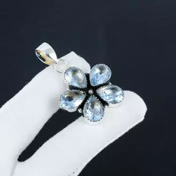 Красивый серебряный кулон с аквамариновым камнем из стерлингового серебра 925 пробы - дизайн в виде цветка ручной работы, повседневная одежда, подарок на день рождения для жены 1.95 синий