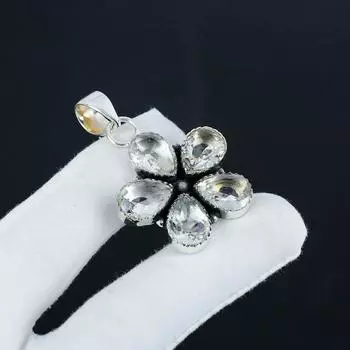 Красивый серебряный кулон с драгоценным белым топазом из стерлингового серебра 925 пробы - цветочный дизайн ручной работы, повседневная одежда, праздничный наряд, подарок 1.95 белый