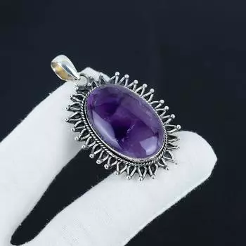 Красивый серебряный кулон с драгоценным камнем аматеист из стерлингового серебра 925 пробы — овальный дизайн ручной работы, повседневное украшение, подарок на Пасху 2.16 фиолетовый