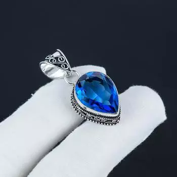 Красивый серебряный кулон с драгоценным камнем London Blue Topaz из стерлингового серебра 925 пробы — грушевидный дизайн ручной работы, повседневное ювелирное украшение в подарок на годовщину 1.77 синий