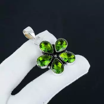 Красивый серебряный кулон с драгоценным камнем перидот из стерлингового серебра 925 пробы - цветочный дизайн ручной работы, повседневная бижутерия, подарок на День благодарения 1.95 зелёный