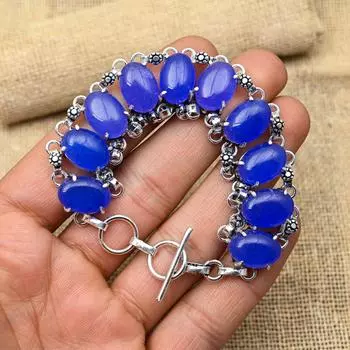Красивый синий драгоценный камень халцедон ручной работы из стерлингового серебра 925 пробы ювелирный браслет для нее