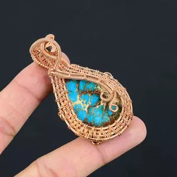 Красивый синий морской осадок драгоценный камень чистая медная проволока обернутая ювелирные изделия ручной работы кулон 2.56 Inches синий