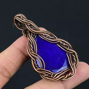 Красивый синий сапфировый драгоценный камень медная проволока обертка ручной работы кулон ювелирный подарок для любви 2.75 Inches синий
