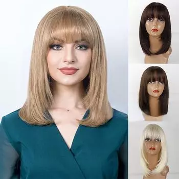 Красивый синтетический парик средней длины с прямыми волосами и челкой для женщин 8