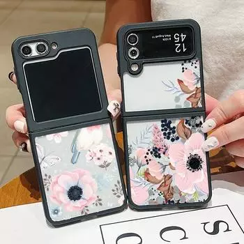 Красивый складной чехол с цветочным принтом для Samsung Galaxy Z Flip6 Flip5 Flip4, прозрачный акриловый противоударный тонкий защитный чехол из 2 предметов для телефона Samsung Z Flip6
