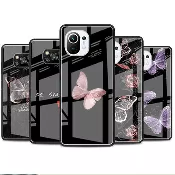 Красивый стеклянный чехол с розовой бабочкой для Xiaomi Poco X3 NFC 11 Lite 11T F3 M3 для Redmi Note 11 10 9 8 Pro 10S 9S 9A 9C, чехол для телефона Xiaomi Poco M3