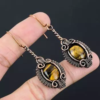 Красивый тигровый глаз драгоценный камень ручной работы из чистой медной проволоки серьги ювелирные изделия 2.56 Inches жёлтый