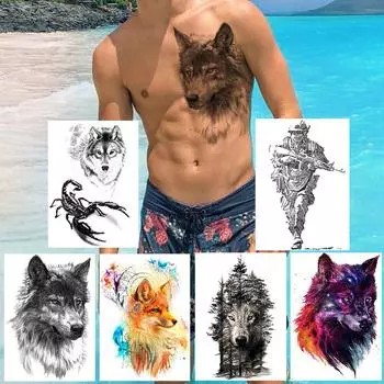 Красивый Волк Временные Татуировки Наклейки Поддельные Красочные Ловец Снов Койот Лиса Планеты Татуировки Для Взрослых Боди-Арт Грудь Рука Водонепроницаемые Татуировки