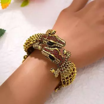 Красивый винтажный браслет из крокодиловой кожи в античном золотом цвете, широкий браслет-манжета для девочек и женщин, модные ювелирные изделия, аксессуар :Resizable