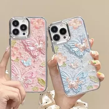 Красивый защитный чехол для объектива с рисунком бабочки маслом для iPhone 16 15 Pro Max 14 Plus 13 12 Pro 11, мягкий противоударный прозрачный чехол для телефона iPhone 16 темно-синий