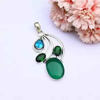 Красивый зеленый оникс, голубой топаз, драгоценный камень, кулон ручной работы из серебра 925 пробы для женщин