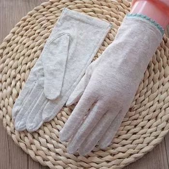 Kraska New Summer Women s Fresh Flowers Pure Cotton Sun Protection Full Finger Gloves Thin Driving Sun Protection Gloves Pure color + blue bottom edge One size