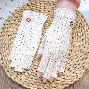 Kraska Women s Summer Pure Cotton Sun Protection Anti-Slip Half Finger Gloves Touch Screen Sweat-Absorbent Breathable Driving Thin Cycling UV09-Dot White One size