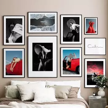 Красная автомобильная шляпа для девочек, черно-белые фото, плакаты на скандинавскую тему и принты, настенная живопись на холсте, настенные панно для гостиной, клубный декор A4 21X30cm No Framed