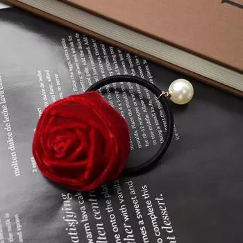 Красная бархатная резинка для волос, резинки для волос с розой для девочек и женщин, эластичные резинки для волос, цветок из искусственного жемчуга, розовые аксессуары для волос