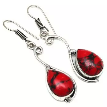 Красная бирюза драгоценный камень ручной работы подарок для нее серебряные ювелирные серьги 1.5