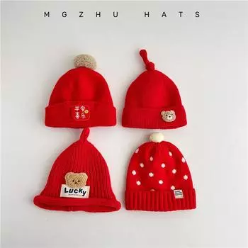 Красная детская шапка зимняя для мальчиков и девочек младшего возраста вязаная шапка для младенцев в полнолуние праздничная шерстяная шапка