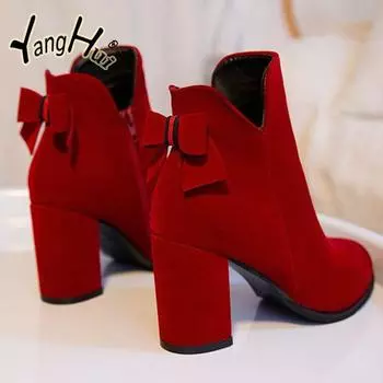 Красная дорожка коровья замша свадебные женские туфли 2024 Новая мода сохраняют тепло бабочка узел высокие каблуки туфли-лодочки ботильоны для вечеринки осень 35 чёрный