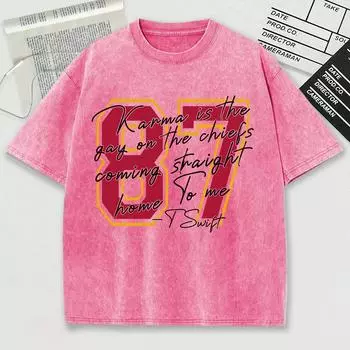 Красная футболка с принтом номера 87, выстиранная, мужская, свободная, мягкая, удобная, хлопковая, с коротким рукавом, унисекс, с круглым вырезом, уличная одежда S