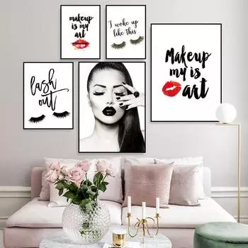 Красная губа, ресницы, макияж, настенная картина для девочек, принты для салона красоты, модный холст, картина, художественный постер, цитата, украшение дома HD2613 21x30cm no frame