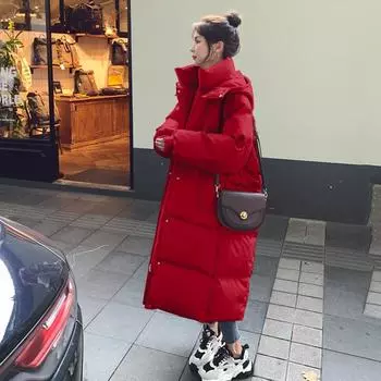 Красная хлопковая одежда женская свадебная невеста возврат повседневная одежда зимняя утолщенная средняя и длинная новогодняя рождественская одежда до колена с хлопковой подкладкой S recommends 55kg and below красный