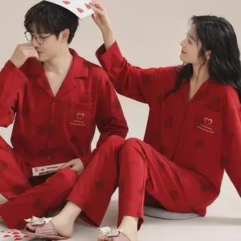 Красная хлопковая свадебная пижама с длинными рукавами для молодоженов - весна и осень Women M (40-50kg)