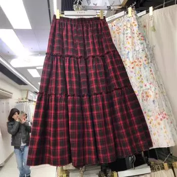 Красная клетчатая юбка женская весенняя средняя и длинная юбка-зонтик с высокой талией в стиле А-слово маленькое платье-торт в клетку в стиле ретро One Size красный