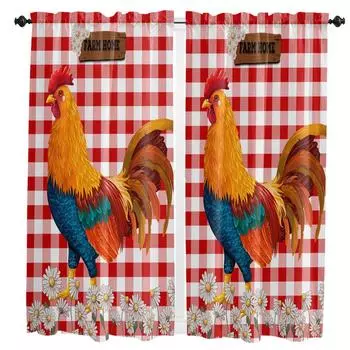 Красная клетка ромашка петух ферма шторы домашний декор гостиная кухня балкон комната занавеска на окно спальня патио украшение 100W130H(CM)40x51in&Hook