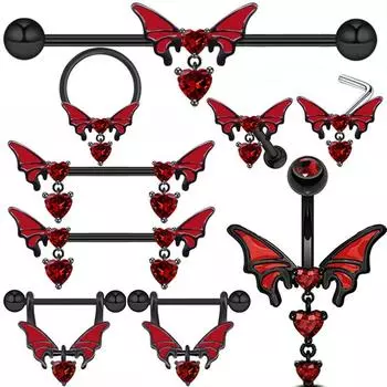 Красная летучая мышь, пупок, губа, сосок, пирсинг живота, ювелирные изделия, серьги-гвоздики, кольца в носу, кольца на пупке nipple ring