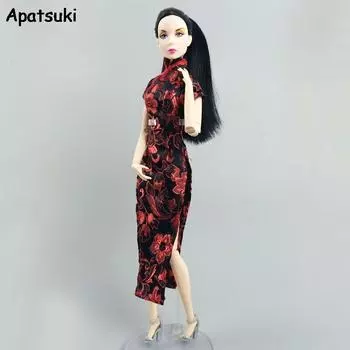 Красная модная кукольная одежда с цветочным принтом для куклы Барби, наряды, китайская традиционная одежда Ципао, аксессуары для кукол 1/6, детские игрушки красный