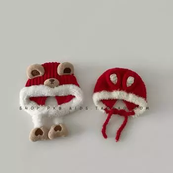 Красная новогодняя шапка, теплая детская шапка на осень и зиму, милая, очень милая, для малышей, вязаная шапка с ушками на шнуровке