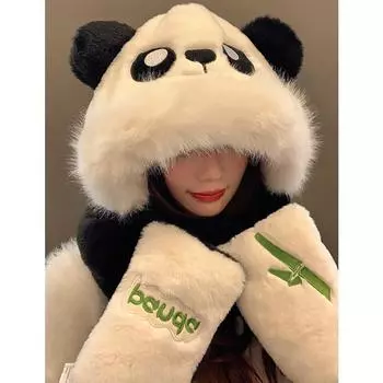 Красная панда плюшевая шапка женская осенне-зимняя милая мультяшная плюшевая утолщенная шарф перчатки теплый комплект из трех предметов default