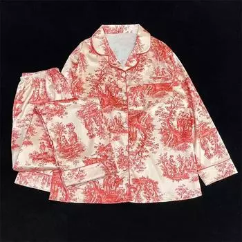 Красная пижама женская весна лето длинные рукава длинные брюки атласный шелк пижамы женские пижамы тонкие пижамы для девочек домашняя одежда M