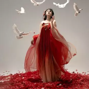 Красная плиссированная юбка в китайском стиле династии Тан, рубашка с большими рукавами и принтом, женский костюм Hanfu L красный