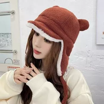 Красная плюшевая шапка женская зимняя 2024 новая милая шапка с ушками медведя Lei Feng плюшевая утолщенная термошапка с ушками M(56-58cm) чёрный